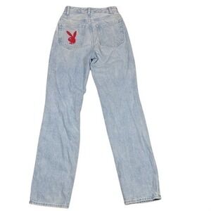 Playboy by PacSun Womens Light Wash Distressed Straight Leg Jeans Sz 23 Red Logo